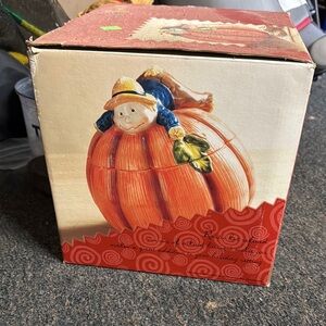 Pumpkin Shaped Cookie Jar with Scarecrow